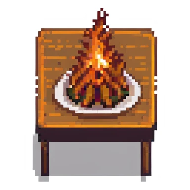a table in flames, pixel art style sticker