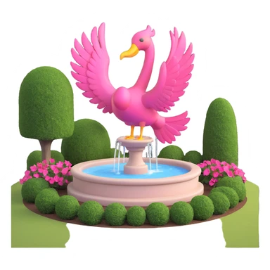 small yard with a fountain and a large pink bird sculpture sticker