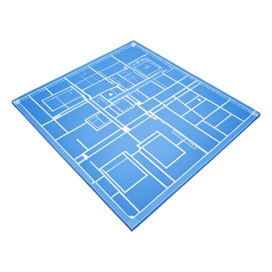 blue blueprint plan with white lines, perspective view showing both side and top sticker