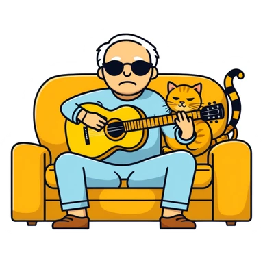  older blind man playing guitar  on the couch with his golden cat  sticker
