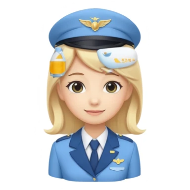 Cute emoji-style Japanese flight attendant, blonde long hair , pastel blue airline uniform, kawaii cartoon style, big eyes, simple clean lineart, pastel colors, chibi proportions, friendly smile, sticker/emoji, transparent background sticker