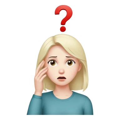 Woman with puzzled expression, scratching her head with a question mark sticker