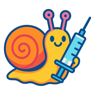 a fun and lighthearted cartoon snail holding a syringe, vibrant toon style, colorful and cheerful sticker