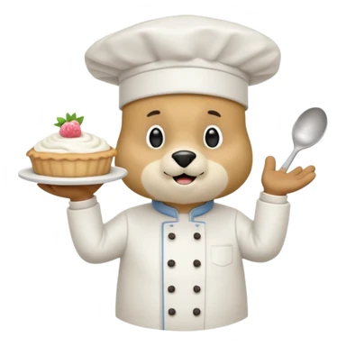 quiero un oso de pie con un delantal de pastelería y un gorrito de chef que una mano tenga una manga pastelera y este feliz divertido sticker