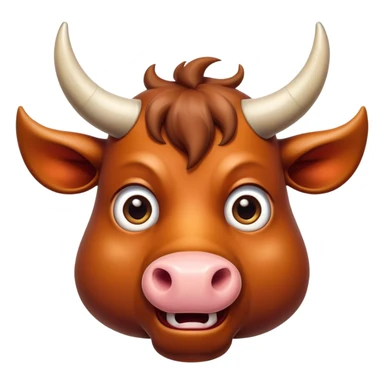 Cinematic Comical Domestic Ox Portrait Emoji, Head tilted dramatically with an exaggeratedly amused expression, featuring a striking, glossy hide with boldly curved horns and wide, expressive eyes brimming with playful disbelief, Simplified yet hilariously expressive features, highly detailed, glowing with a slightly sassy earthy glow, high shine, dramatic yet playful, stylized with an air of cheeky rural mischief, soft glowing outline, capturing the essence of a spirited and over-the-top ox that looks ready to charge its way into internet fame instantly! sticker