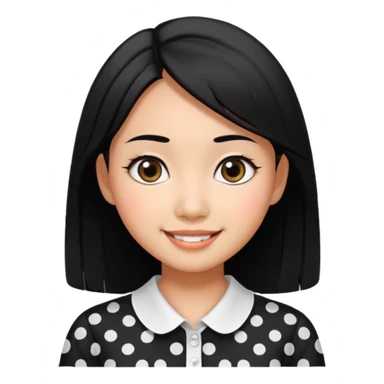 20 yr old asian woman hair  center part big eyes big smile tanned skin straight black hair hippie part hair white blouse with black dots sticker