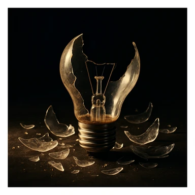 a broken, shattered lightbulb with glass shards, dramatic and expressive lighting sticker