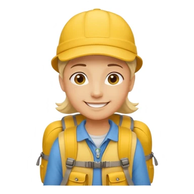 Cartoon explorer wearing a yellow cap and yellow backpack, casual outdoor outfit sticker
