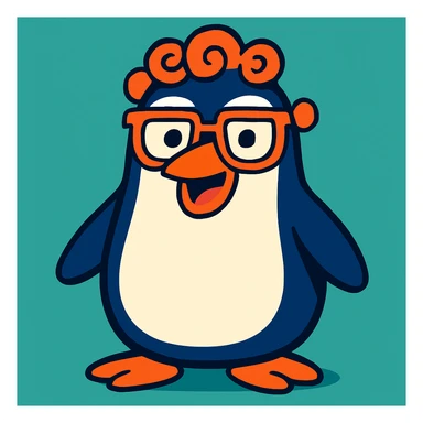 colorful illustration of a penguin with curls on the head, glasses, and a funny appearance sticker
