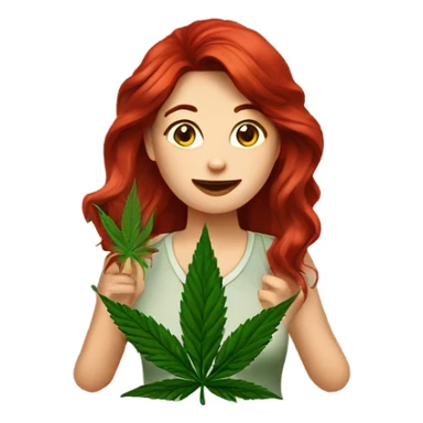 female deep red hair, sitting, holding marijuana leaf  sticker