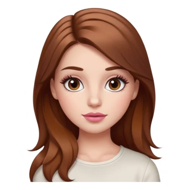 white girl with long brown hair with caramel highlights wearing a white top. Blush on the cheeks and big eyelashes and a brown-pink lip combo  sticker