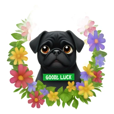 Black pug , surrounded by flowers, holding a green sign that says “good luck”  sticker