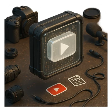 white YouTube play button inside a scratched black toolbox-like case, surrounded by video production gear, camera parts, stickers, cables, real-life artist studio, casual lighting, grounded and textured environment sticker