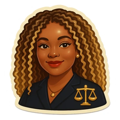 Transform into an emoji of a black female face with blonde hair blended with highlights and brown tones, serene, confident and welcoming expression. Wearing a dark professional outfit with a subtle justice symbol (stylized scale) either in the background or on the clothing. Include a maternal detail such as a delicate pendant, subtle earrings or a discreet hair accessory. Transparent background. sticker