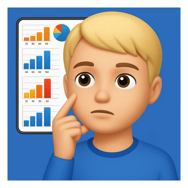 Edit the image of a person thinking with graphs in the background in the style of apple emojis. Create variations with a blue background, yellow background, green background, and pink background. The style should reflect the apple emoji style with no text, concise and clean. sticker