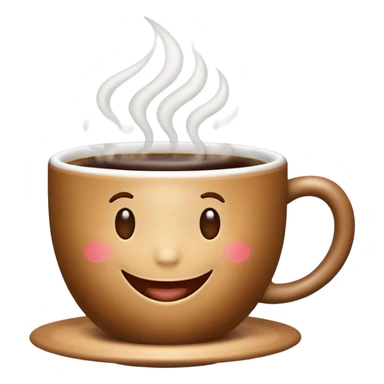 Create an emoji-style image of a warm morning cup of coffee with steam rising and a cheerful smiling face on the cup. The background should feel cozy and bright, like morning sunshine. sticker