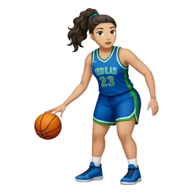 full body plus size light skin  latino women basketball player with wavy dark hair in pony tail wide nose wearing blue uniform with green accent sticker