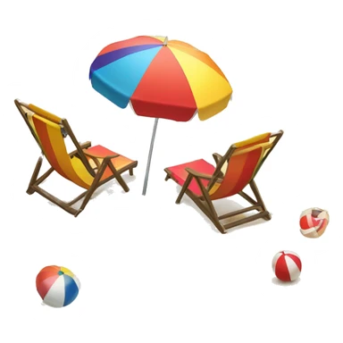Beach umbrella with two beach chairs and a beach ball on the sand facing the sea sticker