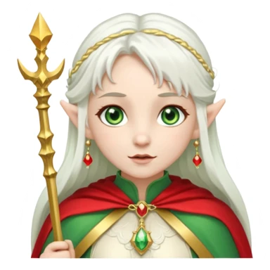 an elf with very white hair and two long PONYTAILS/pigtails on the side of her head, she has a curtain bang, green eyes, she has a white cape with golden borders and a scepter with a red orb, she has earrings that look like red drops sticker