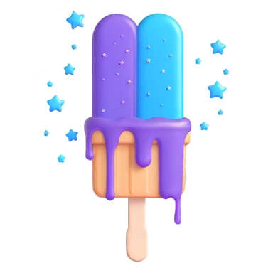 A 3D iOS style emoji of a melting popsicle with a blue and purple color scheme, surrounded by stars and sparkles. sticker