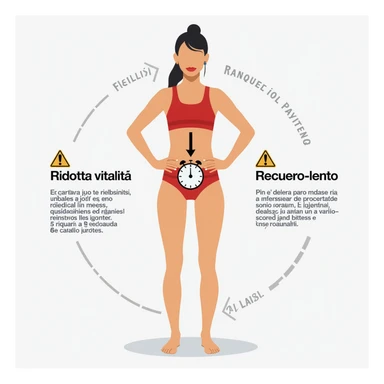 realistic infographic in Italian: athlete with clock symbol and downward arrow in pelvic area, captions 'Ridotta vitalità' and 'Recupero lento', warning icons, white background sticker