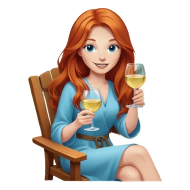 Happy redhead with long hair and blue eyes holding white wine sitting in chair beside firepit sticker