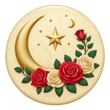 A round button with a crescent damask moon and roses in the center sticker
