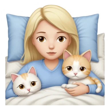They recreate a photo of a blonde girl with light brown eyes, lying in bed sick with the flu, with her cat white nearby. sticker