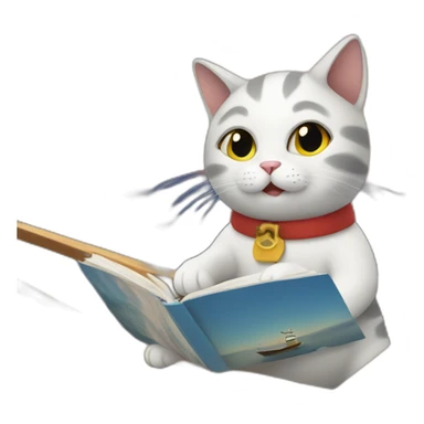 Cat on a boat, reading sticker