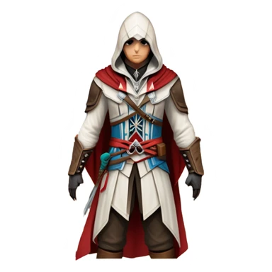 icon featuring Assasin's Creed in an iconic assassin's hood, standing tall against the backdrop of Florence. The design captures the essence of adventure, with intricate details of historical architecture and a sense of mystery. The character is poised, ready for action. transparent background. sticker