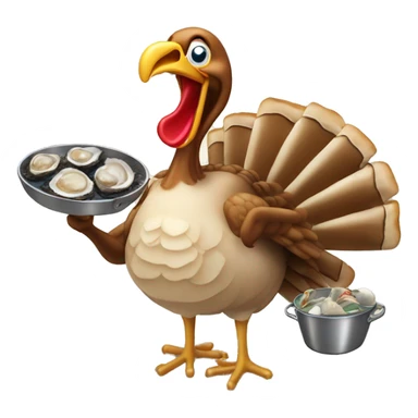 Turkey holding burning slice of toast and pan of oysters sticker