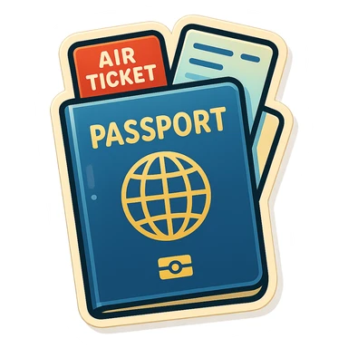 vector-style drawing of a closed passport with one ticket sticking out from the side and another from the top, in a retro sticker style with bold outlines and glossy highlights sticker