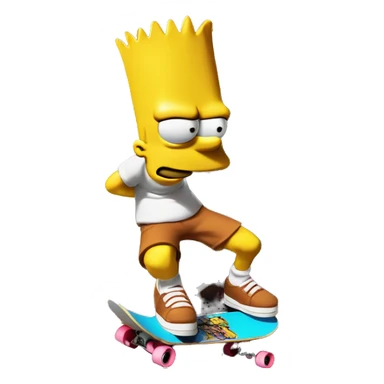 Bart Simpson, skateboard under his arm, poses in front of a graffiti-covered wall. He's giving the camera a playful smirk sticker