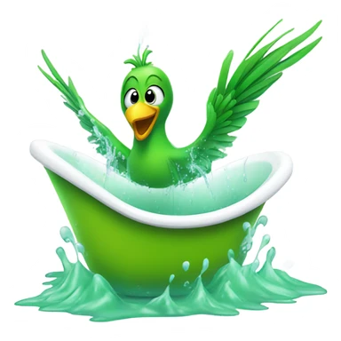 Green bird taking a bath in a white bathtub sticker