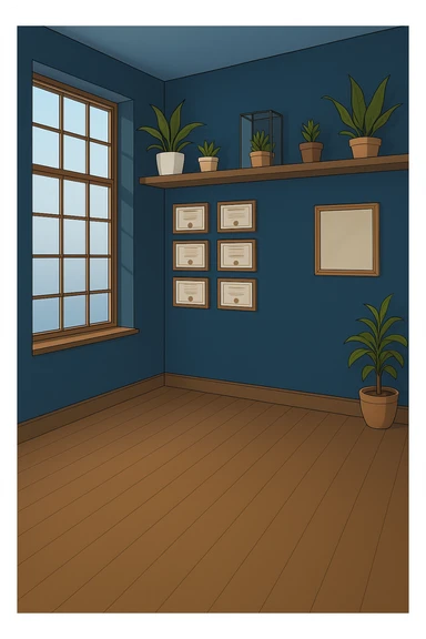 PRENDI SPUNTO DAI COLORI E DALLO STILE DELLA STANZA CON L'UOMO CON IL CAMICE E faMMI QUESTA STANZA VUOTA STILE MANGA/WEBTOON A COLORI SENZA LE PERSONE, SOLO LA STANZA. FALLA MOLTO PIù LUMINOSA, NON LUCI GIALLE sticker