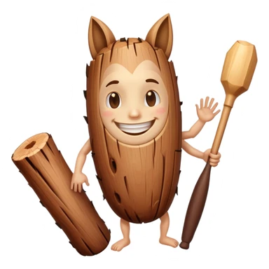 a brown wooden log with legs and arms and feet and a human face smiling with a wooden bat in its left hand  sticker