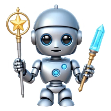 A cute robot is holding a magic wand, magic, emoji sticker