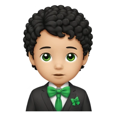 baby boy curly black hair in suit, with green bow sticker