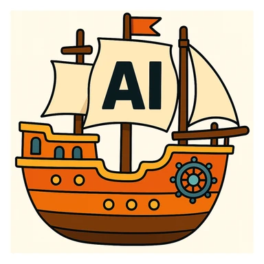 Replace the skull on the pirate ship's sail with the letters 'AI' in a matching bold style, keep the rest of the image unchanged, vibrant cartoon style. sticker