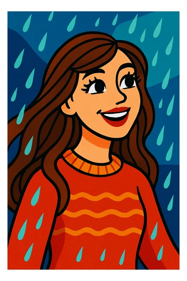 white woman with long brown hair and brown eyes, wearing a sweater, smiling in the rain, with long eyelashes and red lips, in a vibrant cartoon style sticker