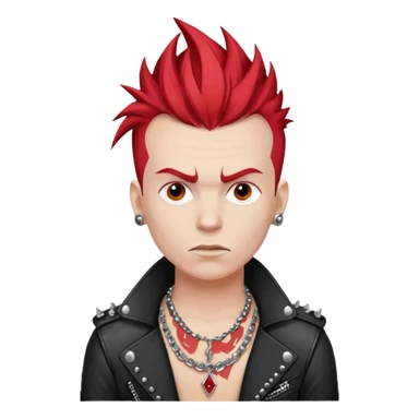white guy rock singer, rebellious style, red mohawk hair, studded leather necklace sticker