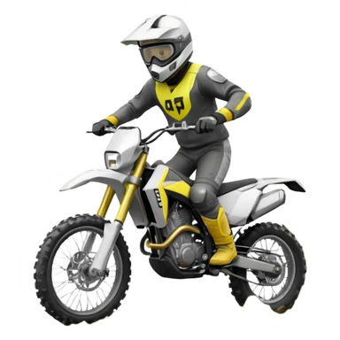 Male with a white helmet and motorcross googles, black and white clothes, riding an aventure motorcyle from Husqvarna, Norden 901, motorcycle is black, grey and yellow, doing a wheely (with the front wheel on air) getting of a mud pool sticker