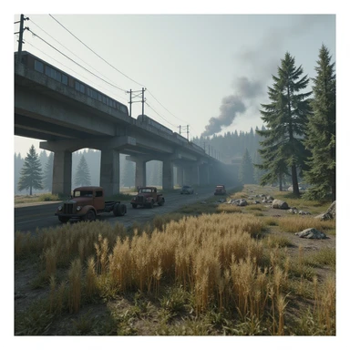  a screenshot of a location in a videogame  the image of the scene consists of:  [above-ground train freeway partially collapsed], a wooded area, a small field of wheat. distant smoke. tall concrete walls, derelict vintage work trucks, more distant smoke. polluted and war-torn sticker