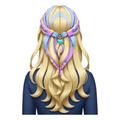 a girl facing backwards so that her hair is showing, long hair that is wavy. she has her hair in a style of half-up-half-down with a small claw-clip securing the hair of the head where the hair strands meet. hair is a platinum blonde color and dark blonde highlights.  sticker