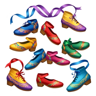 Icon for Folk Dance: close-up traditional dance shoes, colorful folk costumes, and a dance circle with ribbons. The icon should represent the vibrant and cultural aspects of folk dancing. Transparent background. sticker