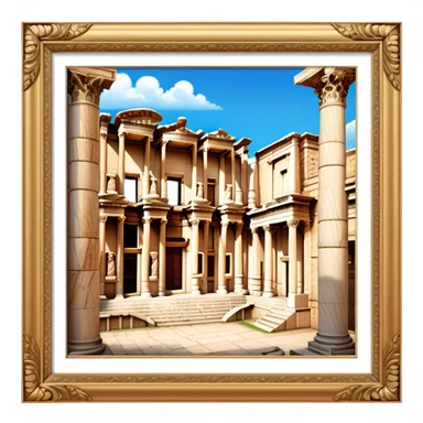 Cinematic Realistic Library of Celsus Landmark Emoji, depicted with an ornate ancient facade rendered with lifelike textures and warm, historical lighting. sticker