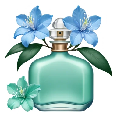 Aesthetic ensemble of soft blue azaleas alongside a charming vintage green perfume bottle.
 sticker