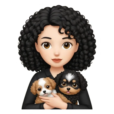 Moça branca com cabelo cacheado preto. Roupa preta e Com um cachorro no colo sticker