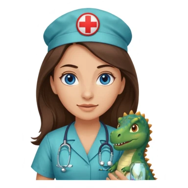 pretty brunette nurse with long hair and blue eyes in dinosaur scrubs sticker