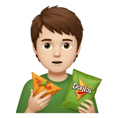 A white boy with messy brown hair eating Doritos while gaming on a green ipad sticker